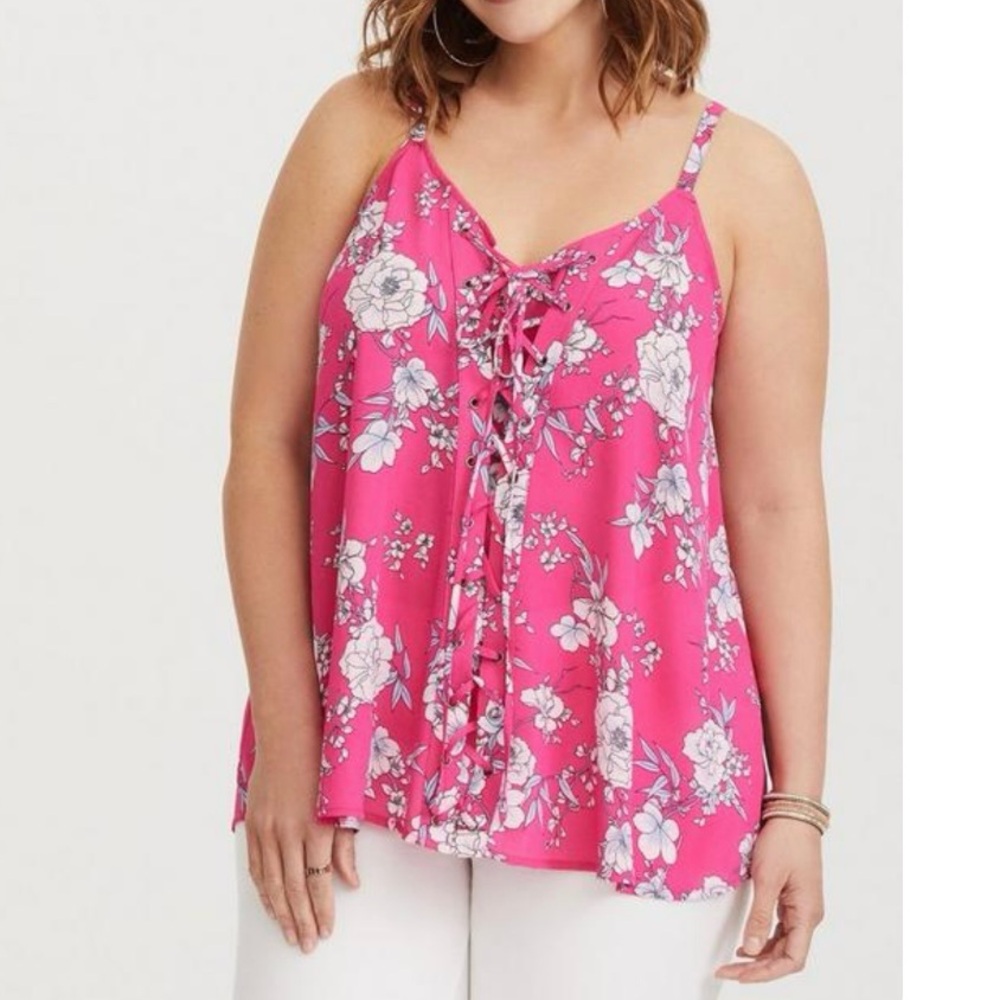 Torrid Sophie Georgette Hot Pink Floral V‎ Neck Lace Up Swing Cami 5X